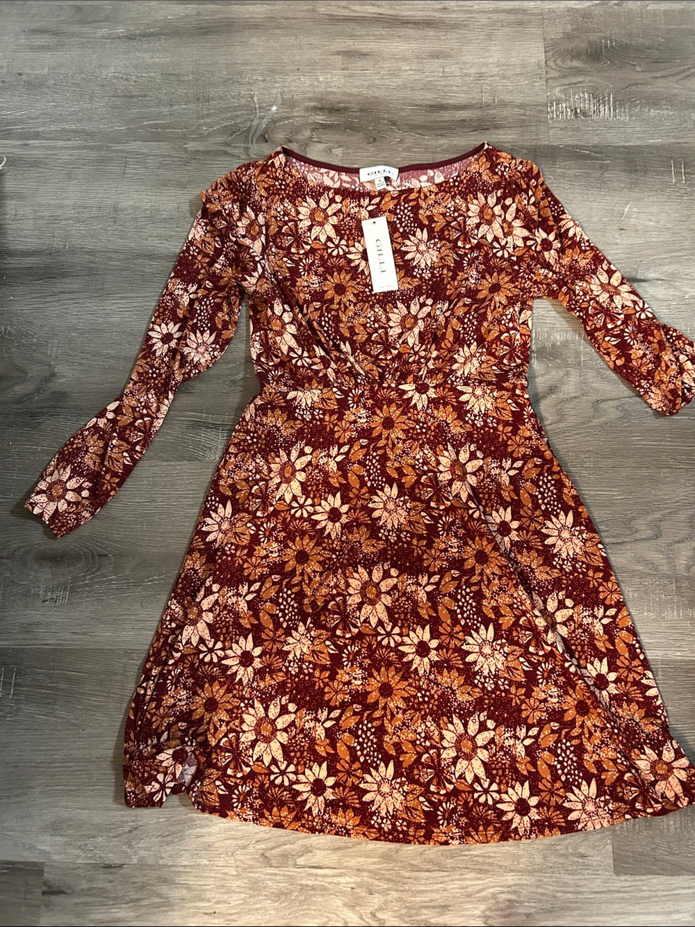 Gilli Rust Floral Long-Sleeve A-Line Dress
